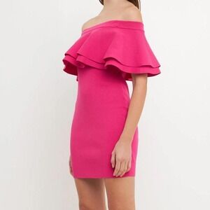 Endless Rose Fuchsia Pink Off the Shoulder Ruffle Knit Bodycon Mini Dress M